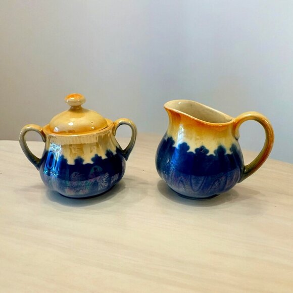 Vintage Czech Sugar and Creamer Lustreware Blue and Peach *read* - Picture 1 of 9